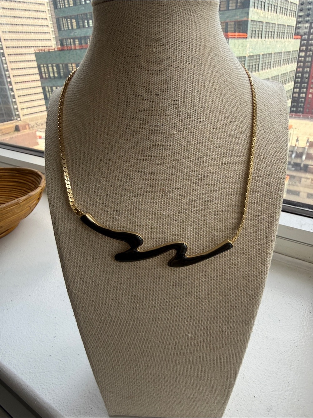 Art Deco Flat Herringbone Chain Necklace with Black Enameled Wavy Centerpiece.